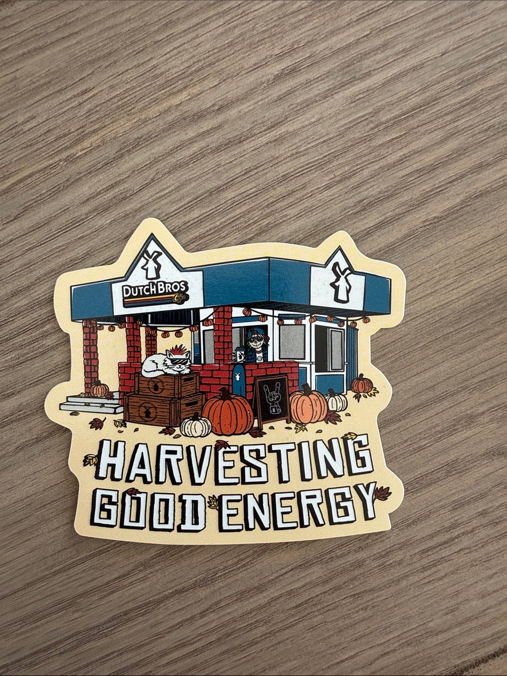 Dutch Bros Fall Sticker - Cream & Blue Storefront